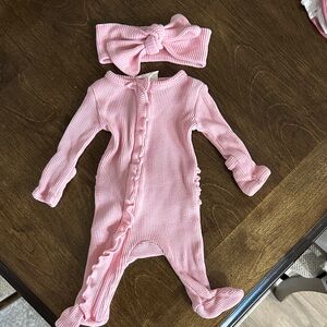 Charming Pink Kids Footie with Bow Headband